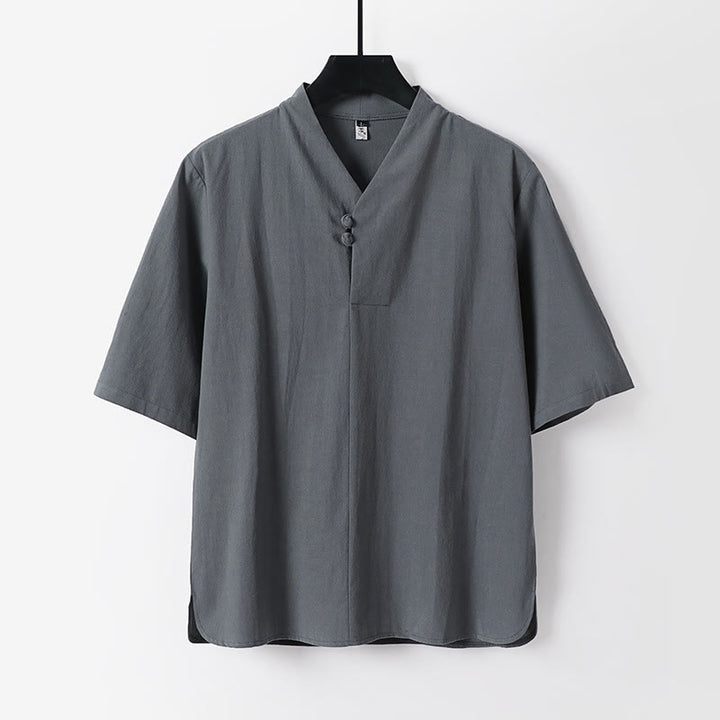 Buddha Stonesカジュアル 無地 2つボタン 七分袖 コットンリネン メンズシャツ - グレー - US/UK/AU54、 EU64 (9XL) - image 2