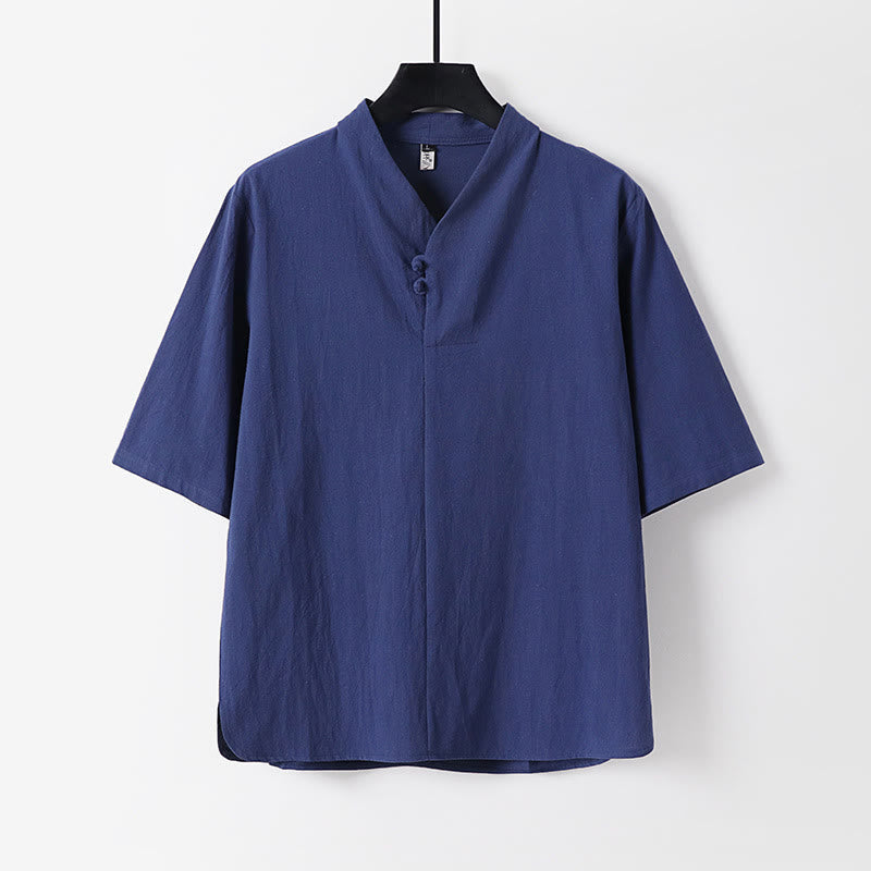 Buddha Stonesカジュアル 無地 2つボタン 七分袖 コットンリネン メンズシャツ - ダークブルー - US/UK/AU54、 EU64 (9XL) - image 0