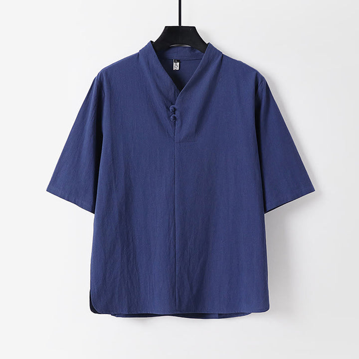 Buddha Stonesカジュアル 無地 2つボタン 七分袖 コットンリネン メンズシャツ - ダークブルー - US/UK/AU54、 EU64 (9XL) - image 0