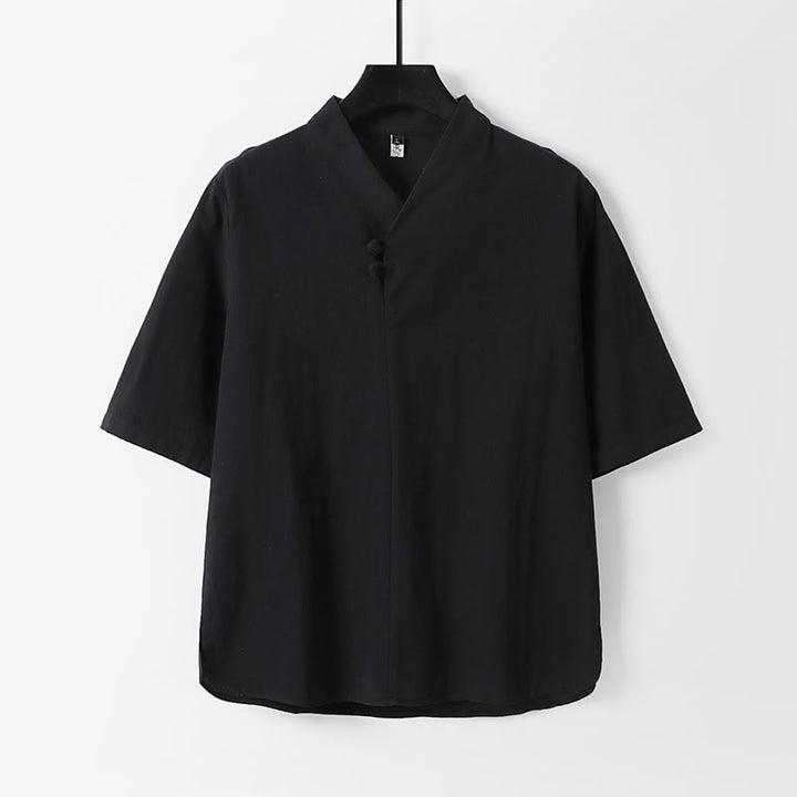 Buddha Stonesカジュアル 無地 2つボタン 七分袖 コットンリネン メンズシャツ - 黒 - US/UK/AU54、 EU64 (9XL) - image 4