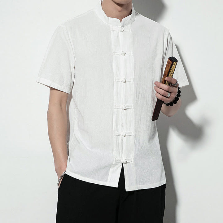 Buddha Stonesカジュアル無地フロントフロッグボタン中国唐装半袖リネンメンズシャツ - image 15