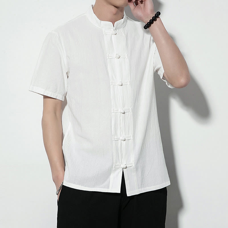 Buddha Stonesカジュアル無地フロントフロッグボタン中国唐装半袖リネンメンズシャツ - image 12