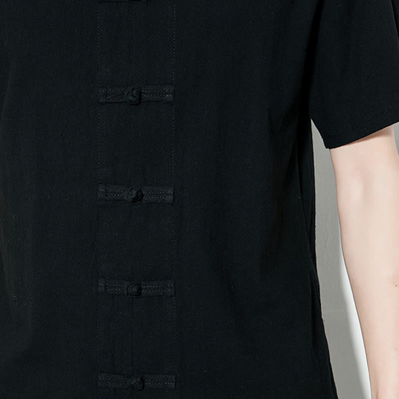 Buddha Stonesカジュアル無地フロントフロッグボタン中国唐装半袖リネンメンズシャツ - image 21