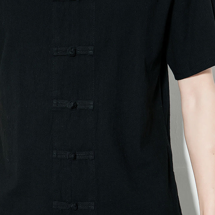 Buddha Stonesカジュアル無地フロントフロッグボタン中国唐装半袖リネンメンズシャツ - image 21