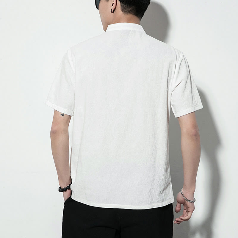 Buddha Stonesカジュアル無地フロントフロッグボタン中国唐装半袖リネンメンズシャツ - image 13