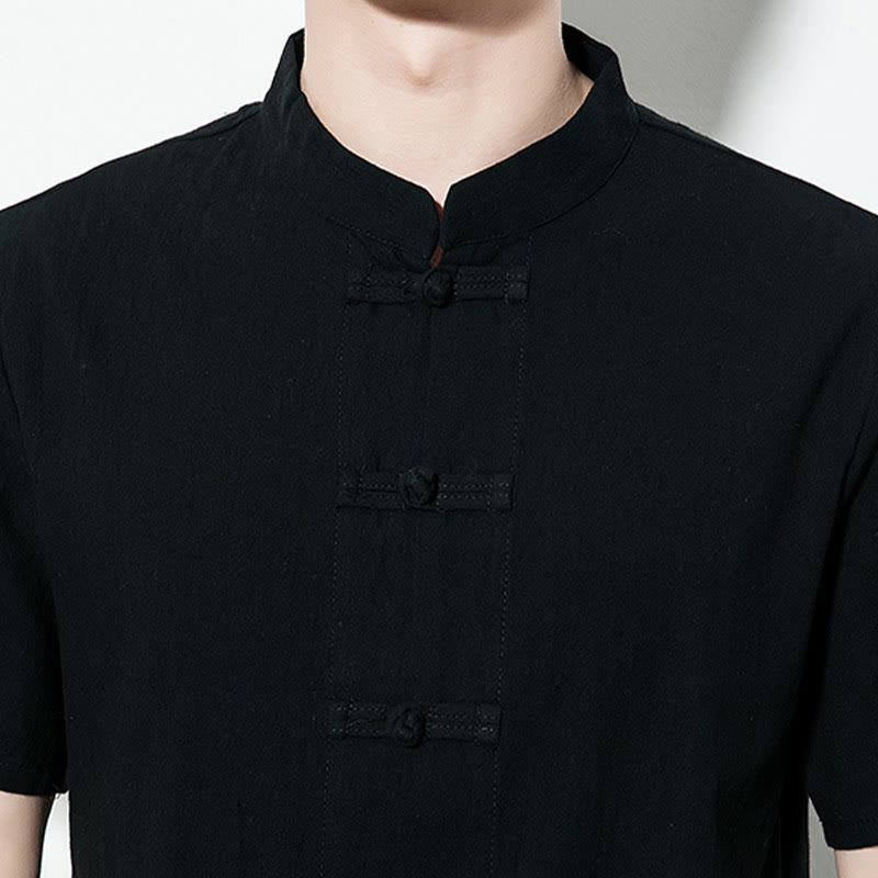 Buddha Stonesカジュアル無地フロントフロッグボタン中国唐装半袖リネンメンズシャツ - image 19