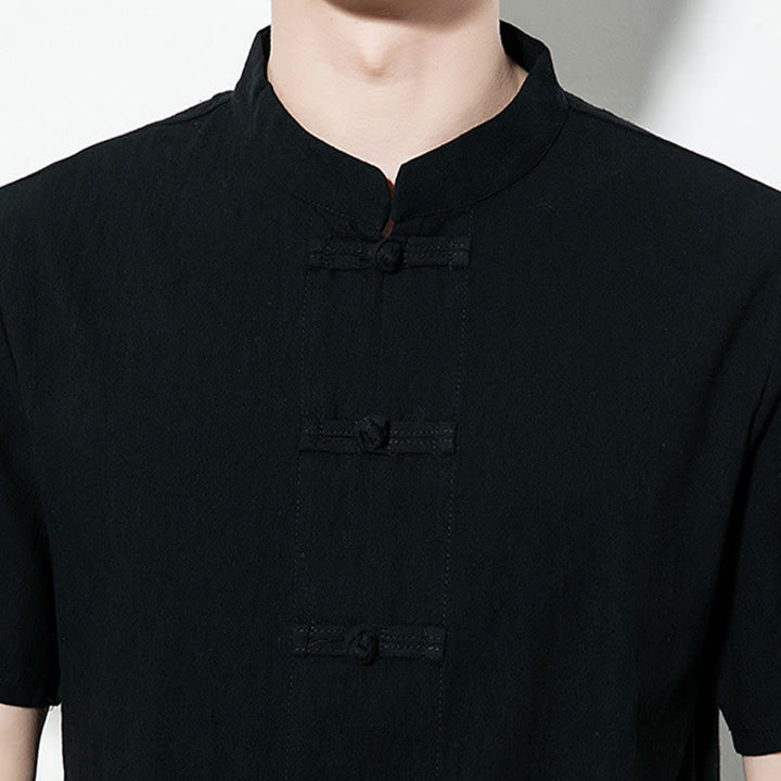 Buddha Stonesカジュアル無地フロントフロッグボタン中国唐装半袖リネンメンズシャツ - image 19