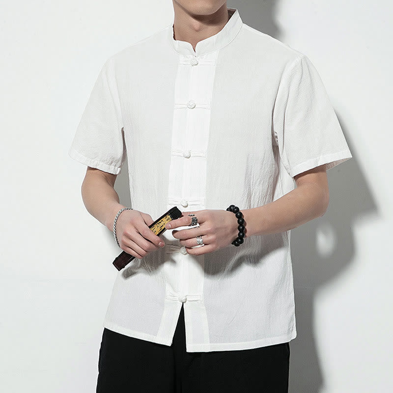 Buddha Stonesカジュアル無地フロントフロッグボタン中国唐装半袖リネンメンズシャツ - image 14