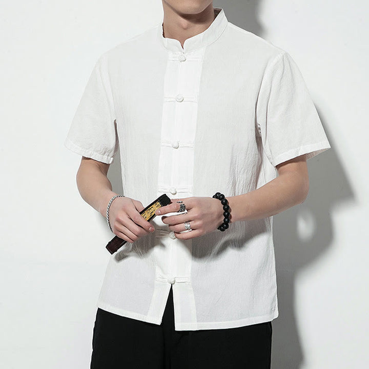 Buddha Stonesカジュアル無地フロントフロッグボタン中国唐装半袖リネンメンズシャツ - image 14
