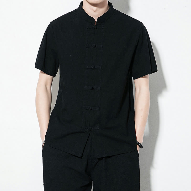 Buddha Stonesカジュアル無地フロントフロッグボタン中国唐装半袖リネンメンズシャツ - 黒 - US/UK/AU46、 EU56 (5XL) - image 17