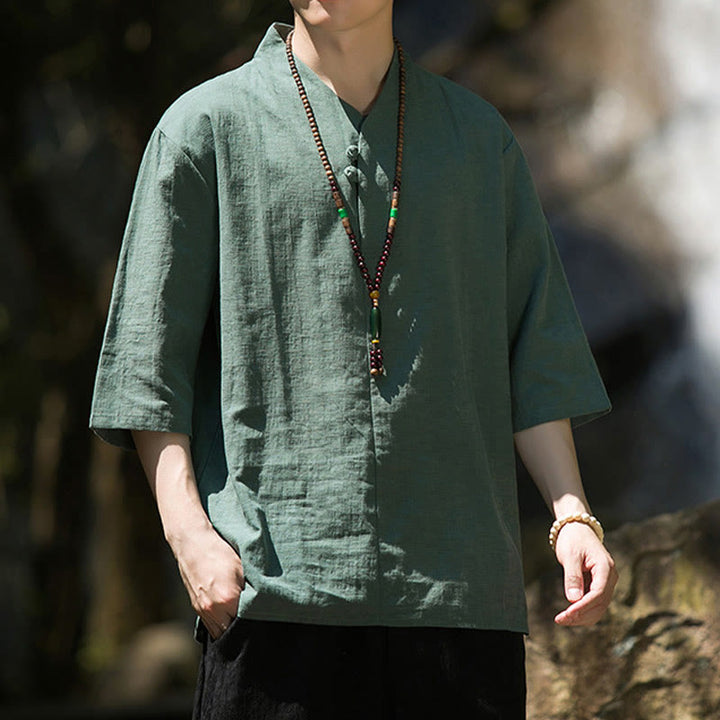 Buddha Stonesカジュアル 無地 2つボタン Vネック 七分袖 コットンリネン メンズシャツ - image 15