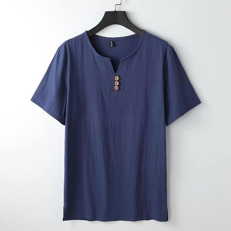 Buddha Stones無地 Vネック 三つボタン 半袖 コットンリネン メンズシャツ - ダークブルー - US/UK/AU44、EU54（5XL） - image 8