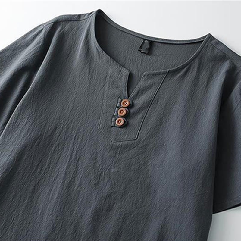 Buddha Stones無地 Vネック 三つボタン 半袖 コットンリネン メンズシャツ - image 4