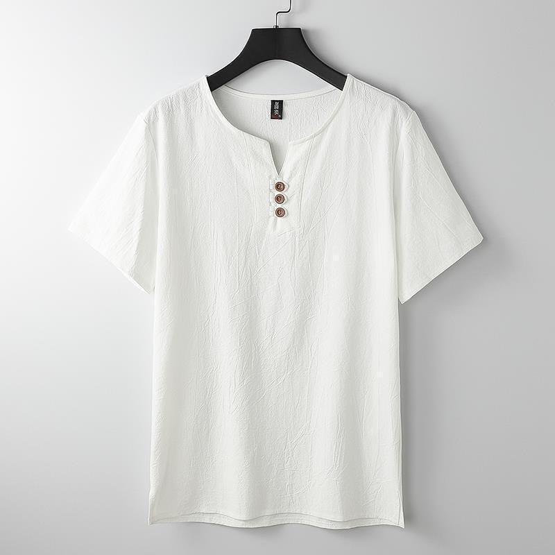 Buddha Stones無地 Vネック 三つボタン 半袖 コットンリネン メンズシャツ - 白 - US/UK/AU44、EU54（5XL） - image 1