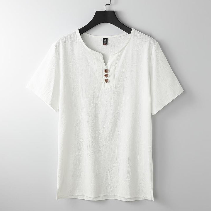 Buddha Stones無地 Vネック 三つボタン 半袖 コットンリネン メンズシャツ - 白 - US/UK/AU44、EU54（5XL） - image 1