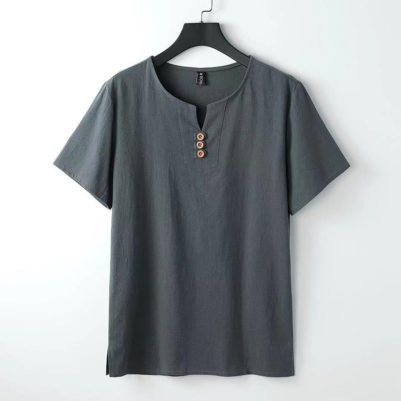 Buddha Stones無地 Vネック 三つボタン 半袖 コットンリネン メンズシャツ - グレー - US/UK/AU44、EU54（5XL） - image 3