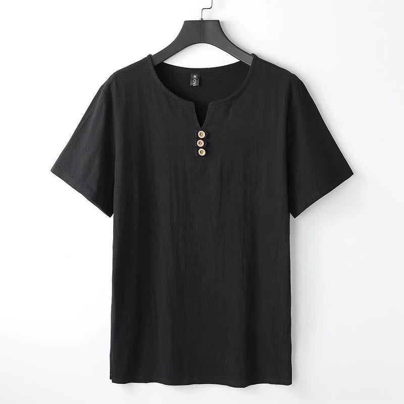 Buddha Stones無地 Vネック 三つボタン 半袖 コットンリネン メンズシャツ - 黒 - US/UK/AU44、EU54（5XL） - image 7