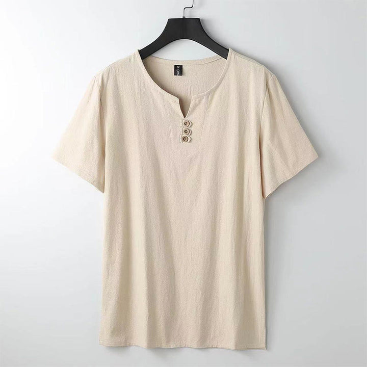 Buddha Stones無地 Vネック 三つボタン 半袖 コットンリネン メンズシャツ - 小麦 - US/UK/AU44、EU54（5XL） - image 0