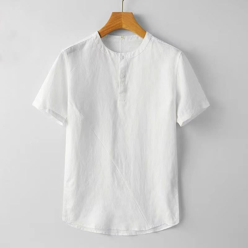 Buddha Stones無地 半袖 2つボタン コットンリネン メンズシャツ - 白 - US/UK/AU44、 EU54 (4XL) - image 2