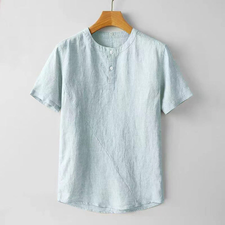 Buddha Stones無地 半袖 2つボタン コットンリネン メンズシャツ - ライトブルー - US/UK/AU44、 EU54 (4XL) - image 8