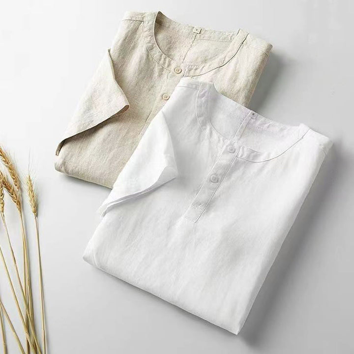 Buddha Stones無地 半袖 2つボタン コットンリネン メンズシャツ - image 1