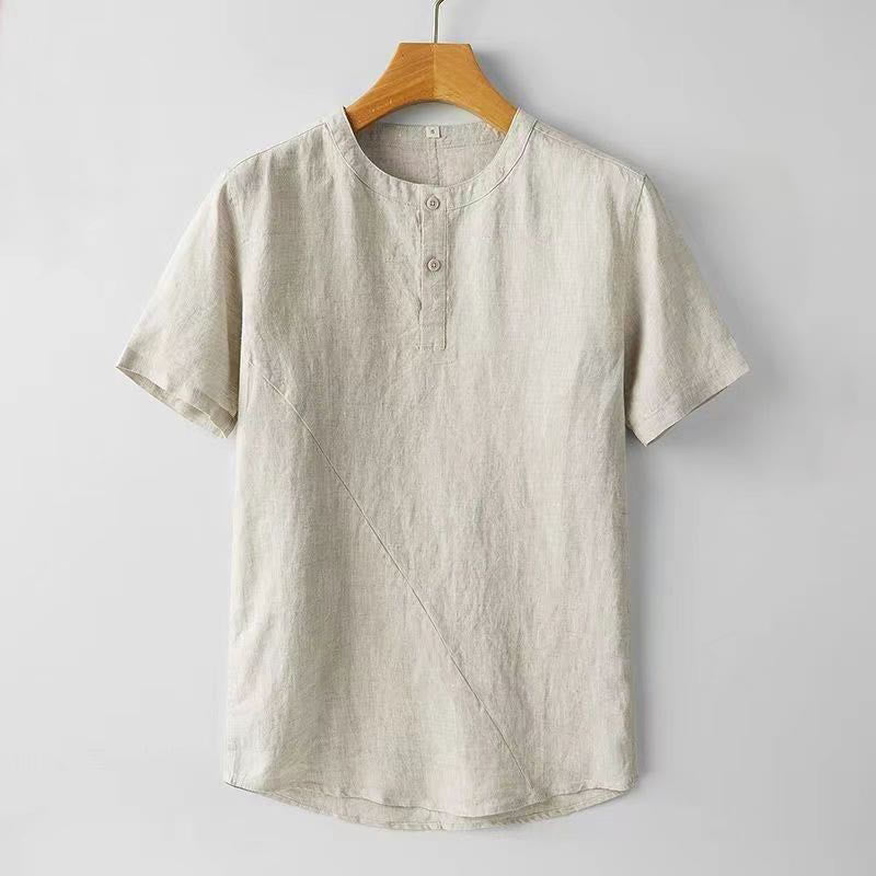 Buddha Stones無地 半袖 2つボタン コットンリネン メンズシャツ - ベージュ - US/UK/AU44、 EU54 (4XL) - image 6