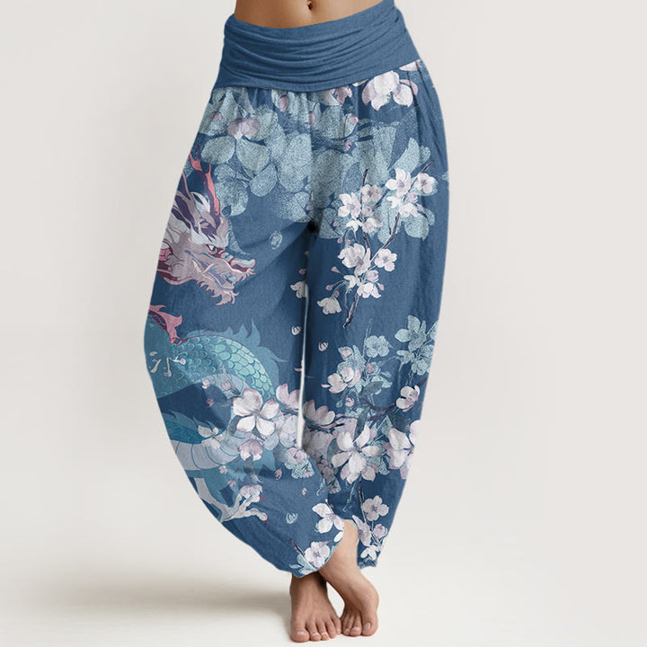 Buddha Stonesコットン カジュアル ドラゴン チェリーブロッサム レディース 伸縮性ウエスト ハーレムパンツ - スチールブルー - US22、 UK/AU26、 EU54 (6XL) - image 4