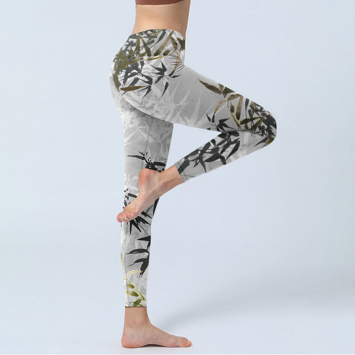 Buddha Stonesダークグレー 竹の葉柄 ジムレギンス レディース ヨガパンツ - image 4