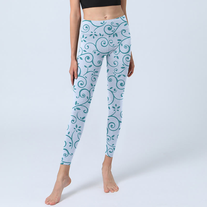 Buddha Stonesブルー ブドウの葉 プリント ジムレギンス レディース ヨガパンツ - image 6