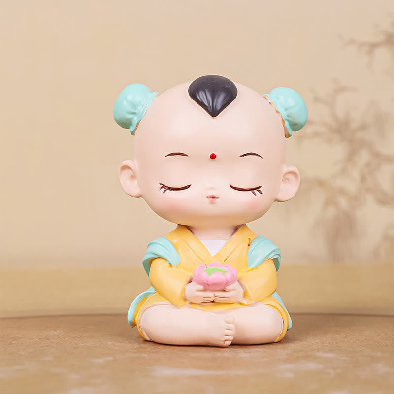 Buddha Stones瞑想観音蓮華座の少年少女樹脂像ハーモニーホームデコレーション