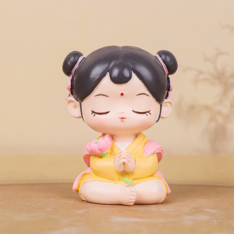 Buddha Stones瞑想観音蓮華座の少年少女樹脂像ハーモニーホームデコレーション
