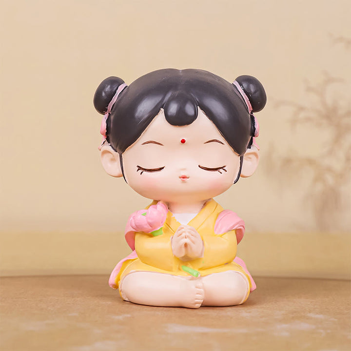 Buddha Stones瞑想観音蓮華座の少年少女樹脂像ハーモニーホームデコレーション