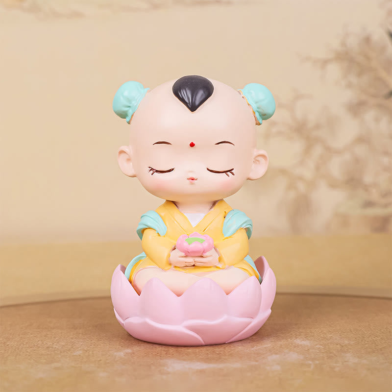 Buddha Stones瞑想観音蓮華座の少年少女樹脂像ハーモニーホームデコレーション