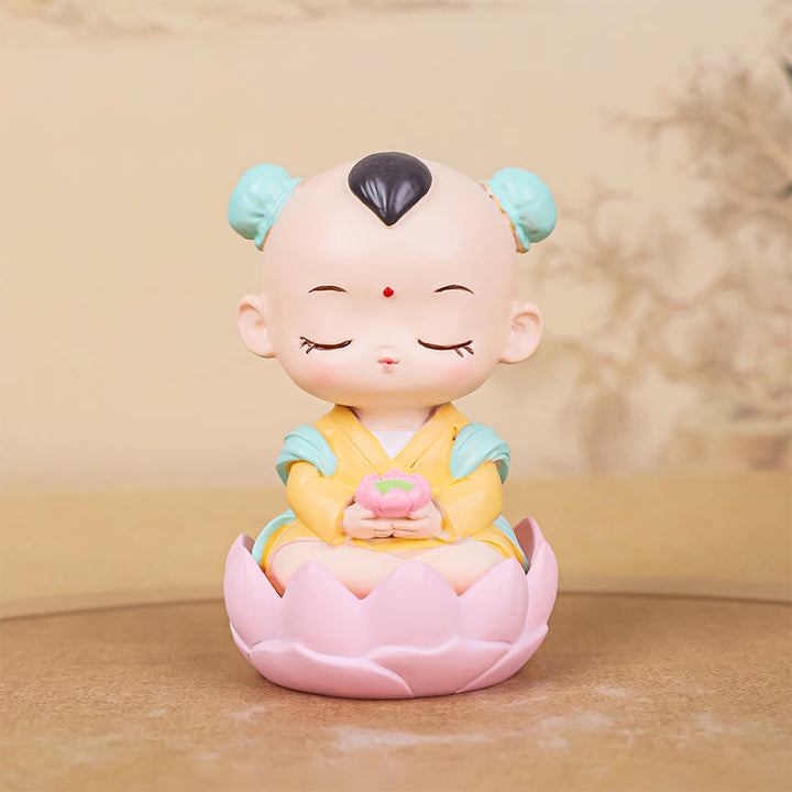 Buddha Stones瞑想観音蓮華座の少年少女樹脂像ハーモニーホームデコレーション