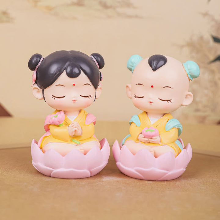 Buddha Stones瞑想観音蓮華座の少年少女樹脂像ハーモニーホームデコレーション