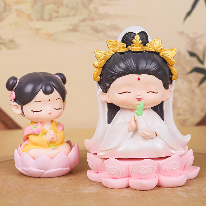Buddha Stones瞑想観音蓮華座の少年少女樹脂像ハーモニーホームデコレーション