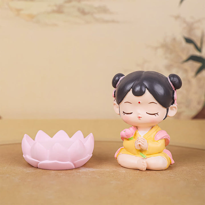 Buddha Stones瞑想観音蓮華座の少年少女樹脂像ハーモニーホームデコレーション