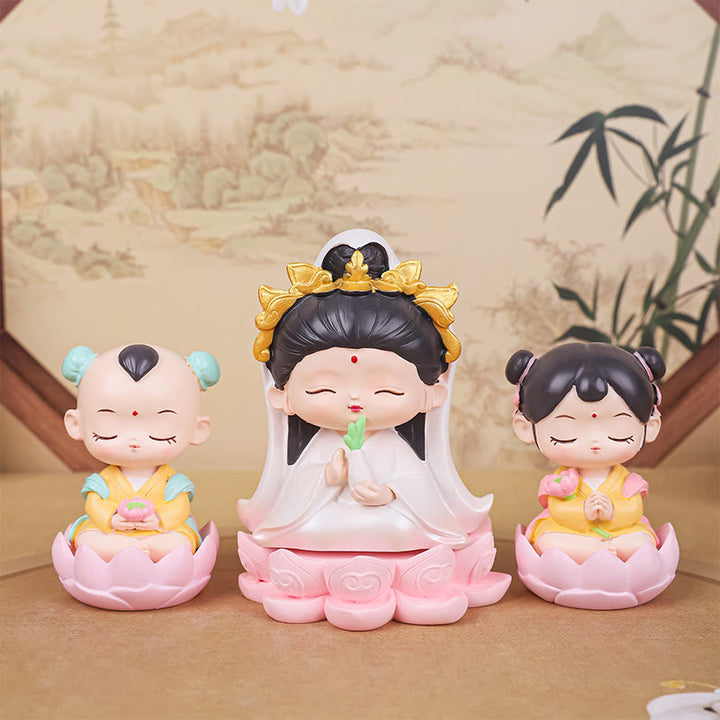 Buddha Stones瞑想観音蓮華座の少年少女樹脂像ハーモニーホームデコレーション