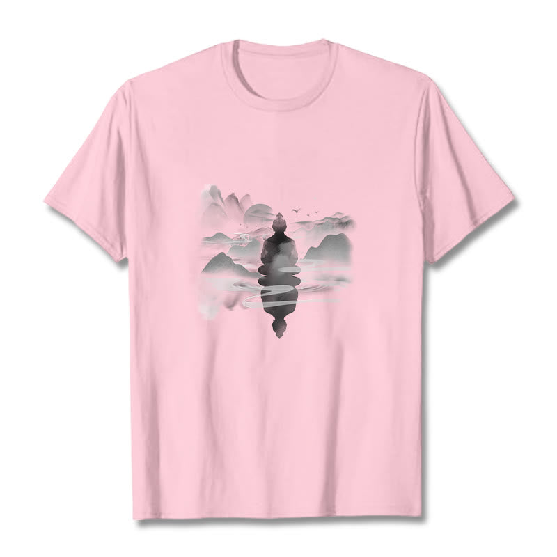 Buddha Stones、山に座る瞑想仏陀の模様のコットンTシャツ - ライトピンク - 2XL - image 8