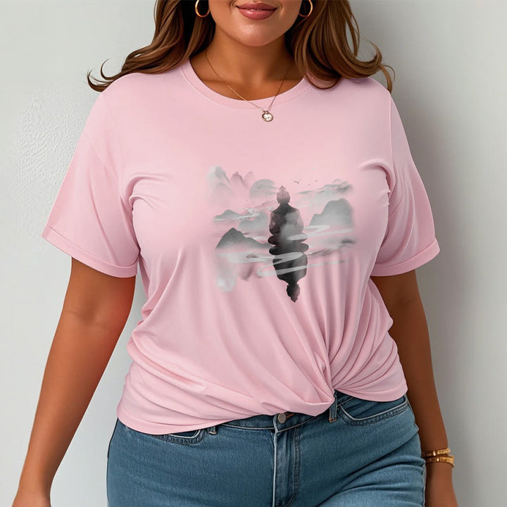 Buddha Stones、山に座る瞑想仏陀の模様のコットンTシャツ - image 9