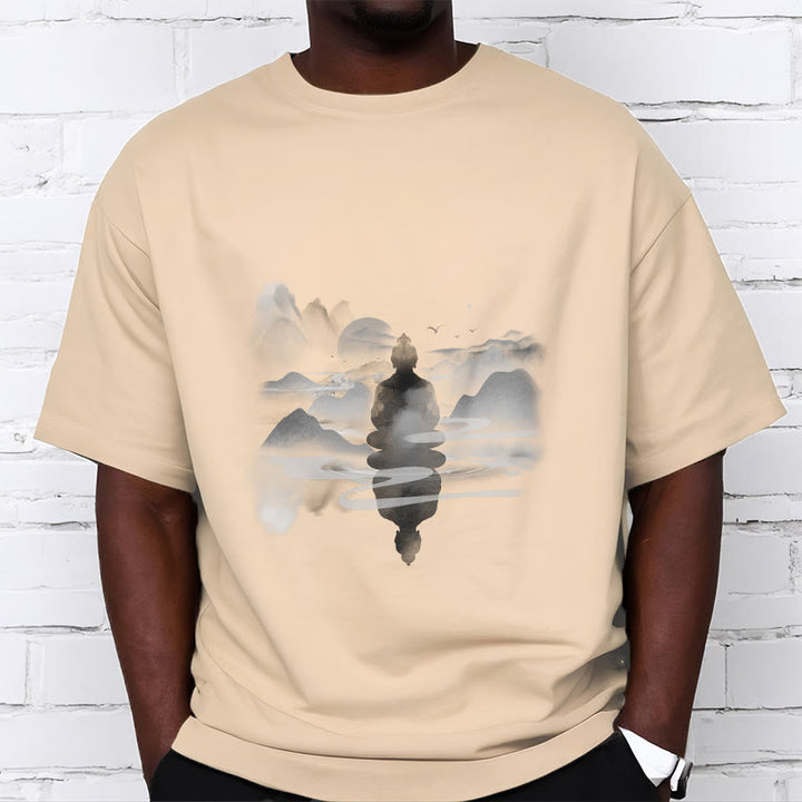 Buddha Stones、山に座る瞑想仏陀の模様のコットンTシャツ - image 17