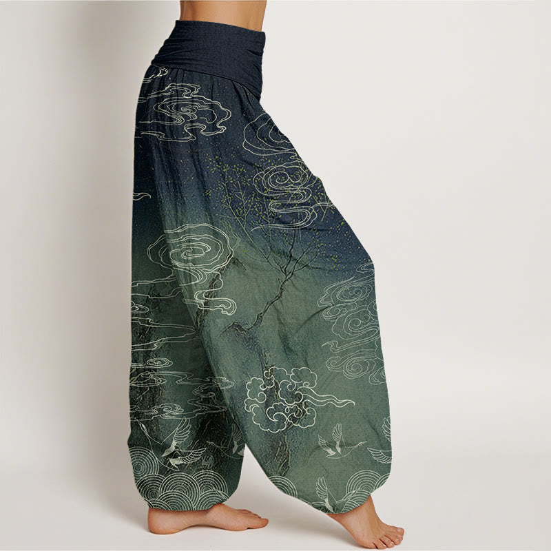 Buddha Stones、白い縁起の良い雲、鳥、木の模様、レディース 伸縮性ウエスト ハーレムパンツ - image 6