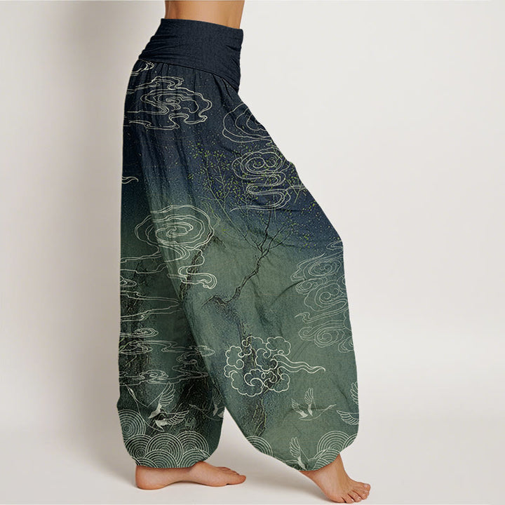 Buddha Stones、白い縁起の良い雲、鳥、木の模様、レディース 伸縮性ウエスト ハーレムパンツ - image 6