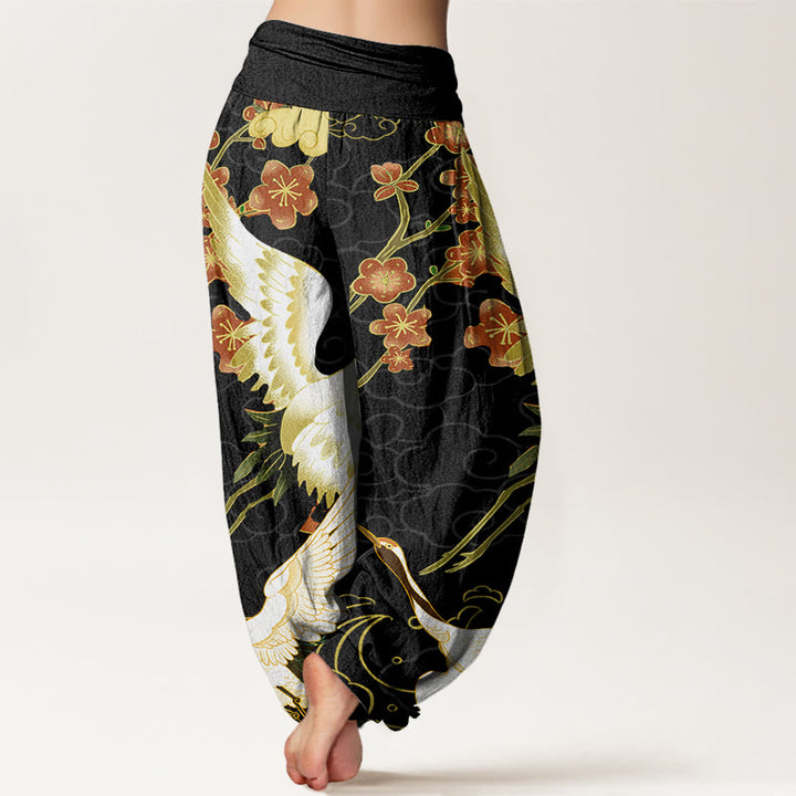 Buddha Stones、綿、鶴、花、縁起の良い雲柄、レディース、伸縮性ウエストのハーレムパンツ - image 2