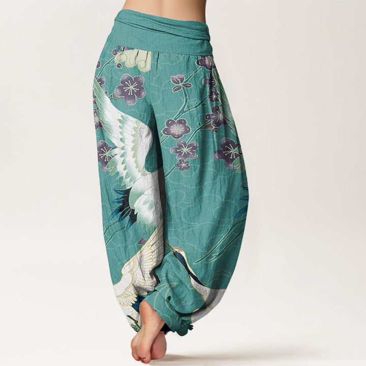 Buddha Stones、綿、鶴、花、縁起の良い雲柄、レディース、伸縮性ウエストのハーレムパンツ - image 7