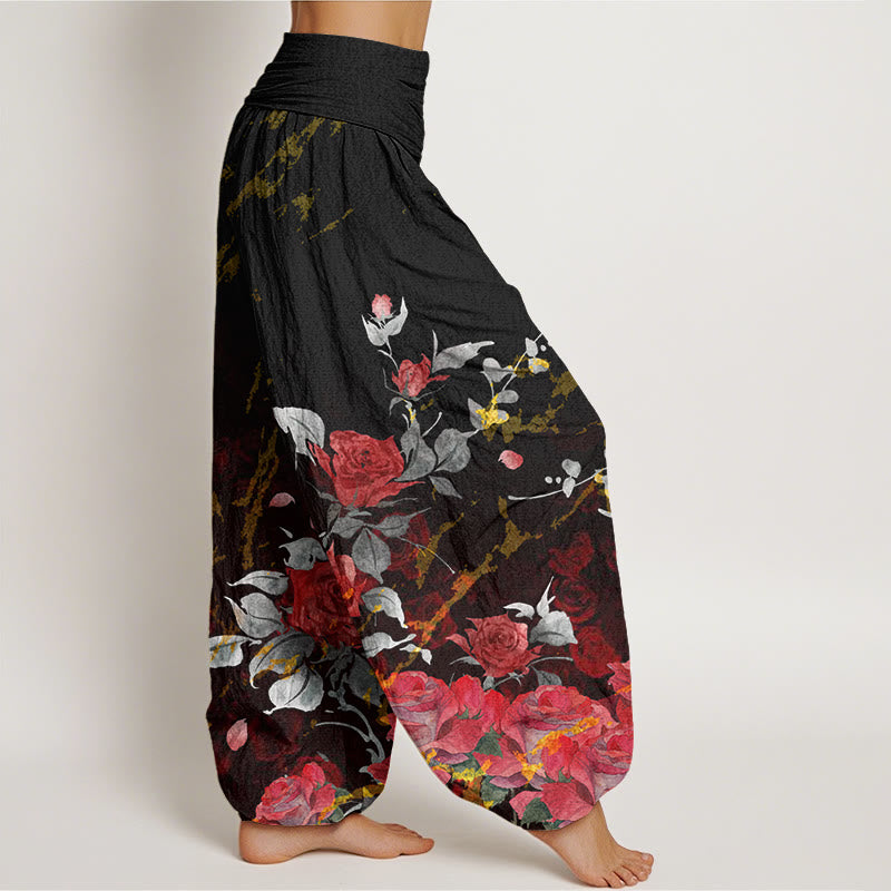 Buddha Stonesコットン ブルーミングローズ柄 レディース 伸縮性ウエスト ハーレムパンツ - image 1