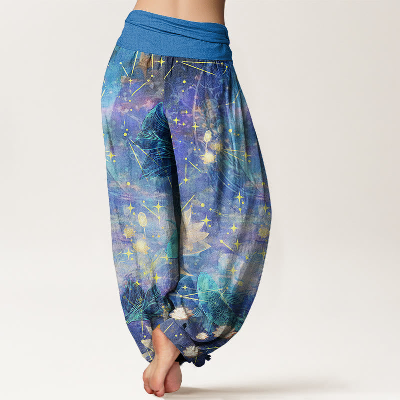 Buddha Stonesコットン鯉蓮月星柄レディース伸縮性ウエストハーレムパンツ - image 2