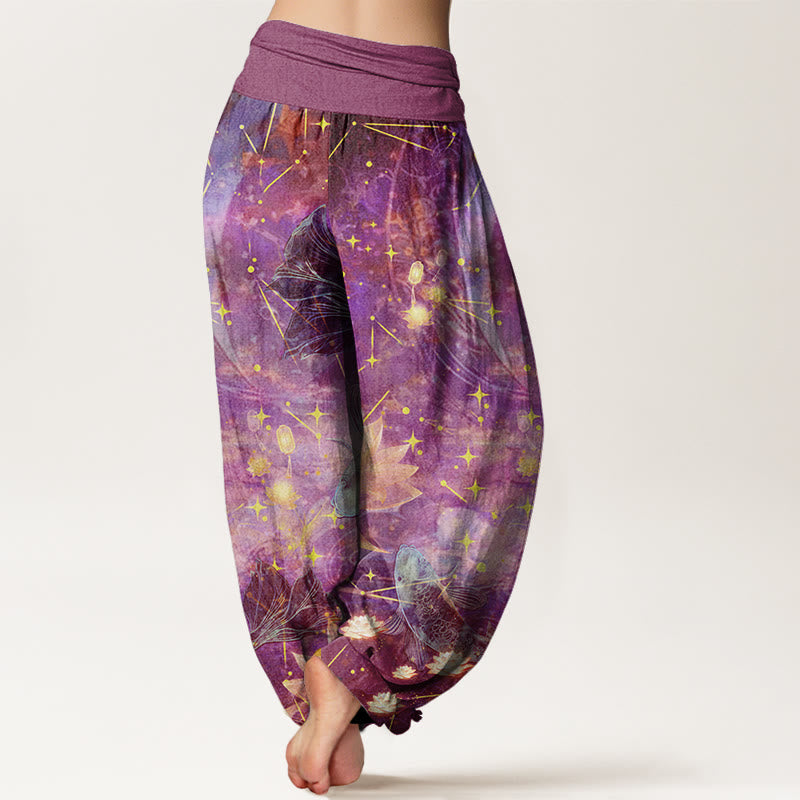 Buddha Stonesコットン鯉蓮月星柄レディース伸縮性ウエストハーレムパンツ - image 6