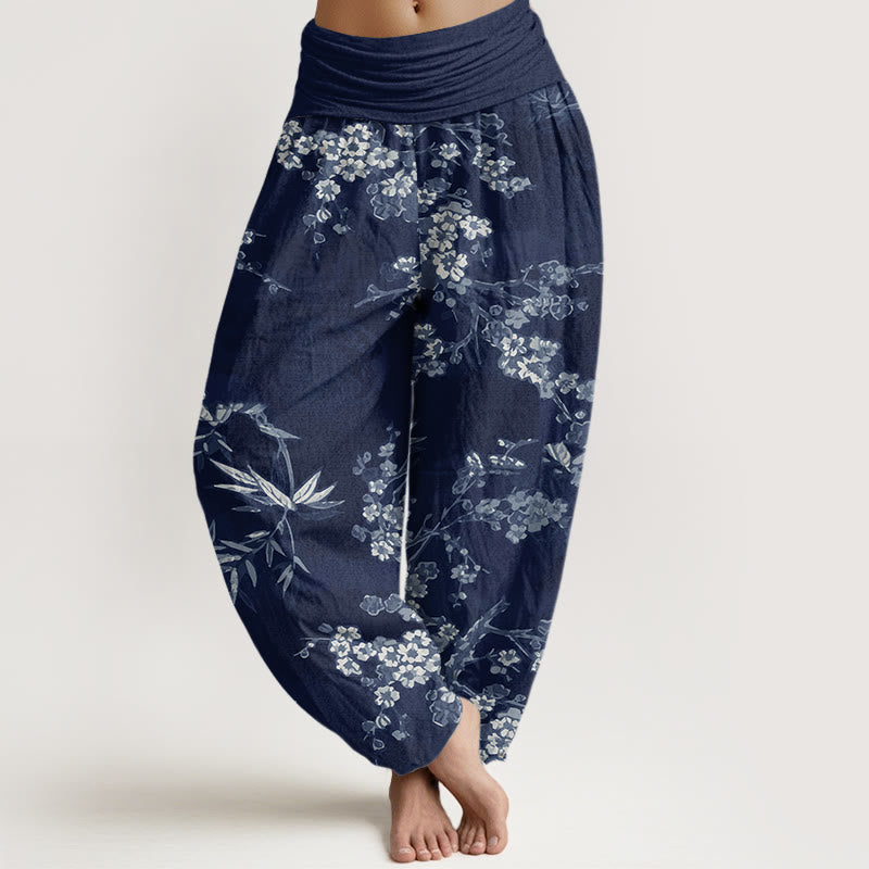 Buddha Stonesコットン ホワイト 桜柄 レディース ウエストゴム ハーレムパンツ - ミッドナイトブルー - US22、 UK/AU26、 EU54 (6XL) - image 0