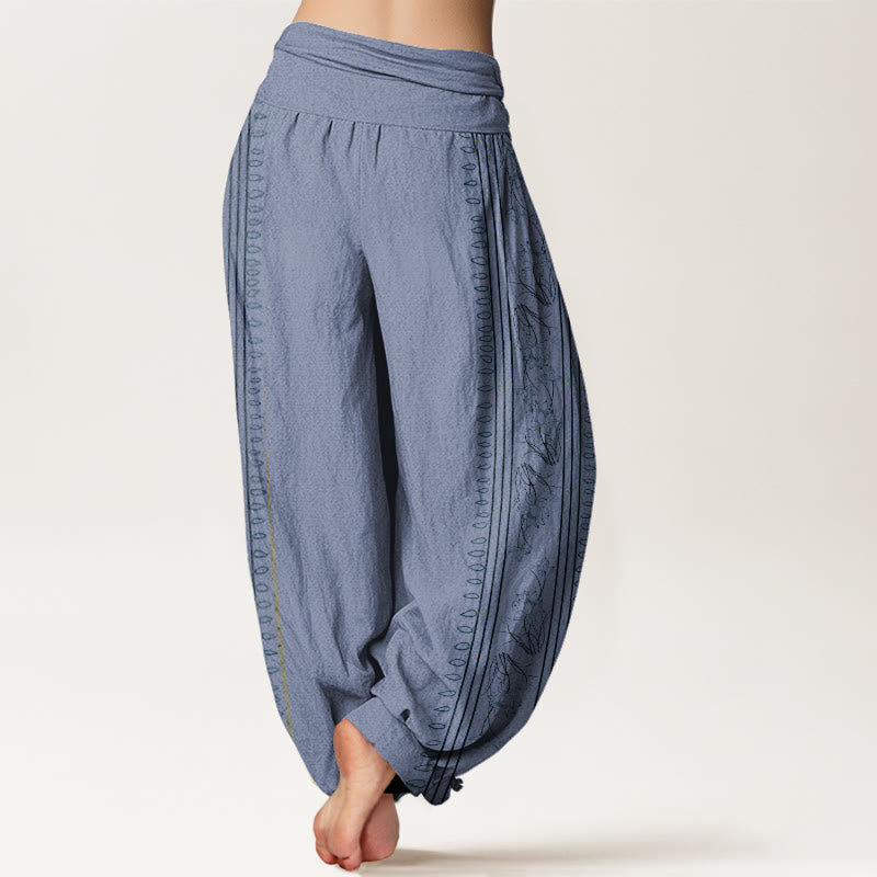 Buddha StonesコットンダルマホイールロータスOM柄レディース伸縮性ウエストハーレムパンツ - image 2